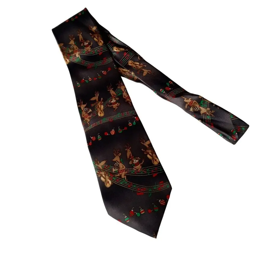 Holiday Traditions MMG Silk Tie Mens Black Musical Reindeer Christmas Hallmark
